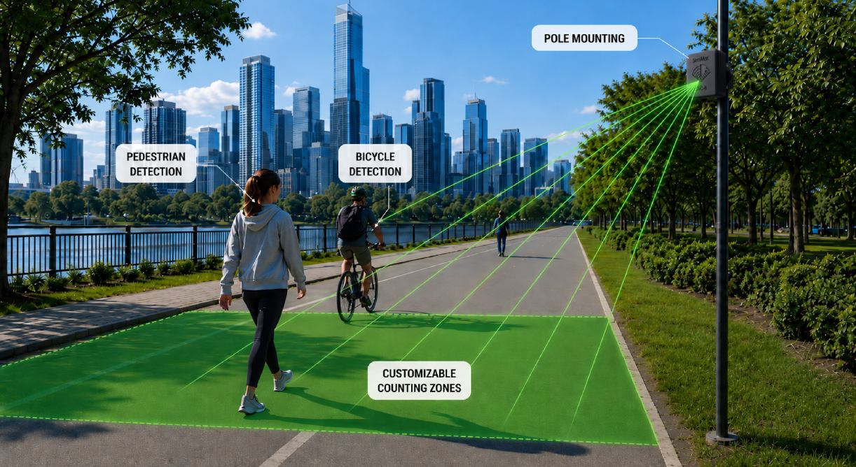 SensMax TAC-B EWP radar voor het tellen van voetgangers en fietsers buitenshuis