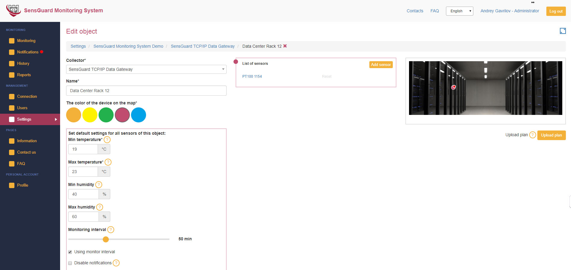 Sensordetails met grenswaarden en alarmhistorie voor monitoring van serverruimtes