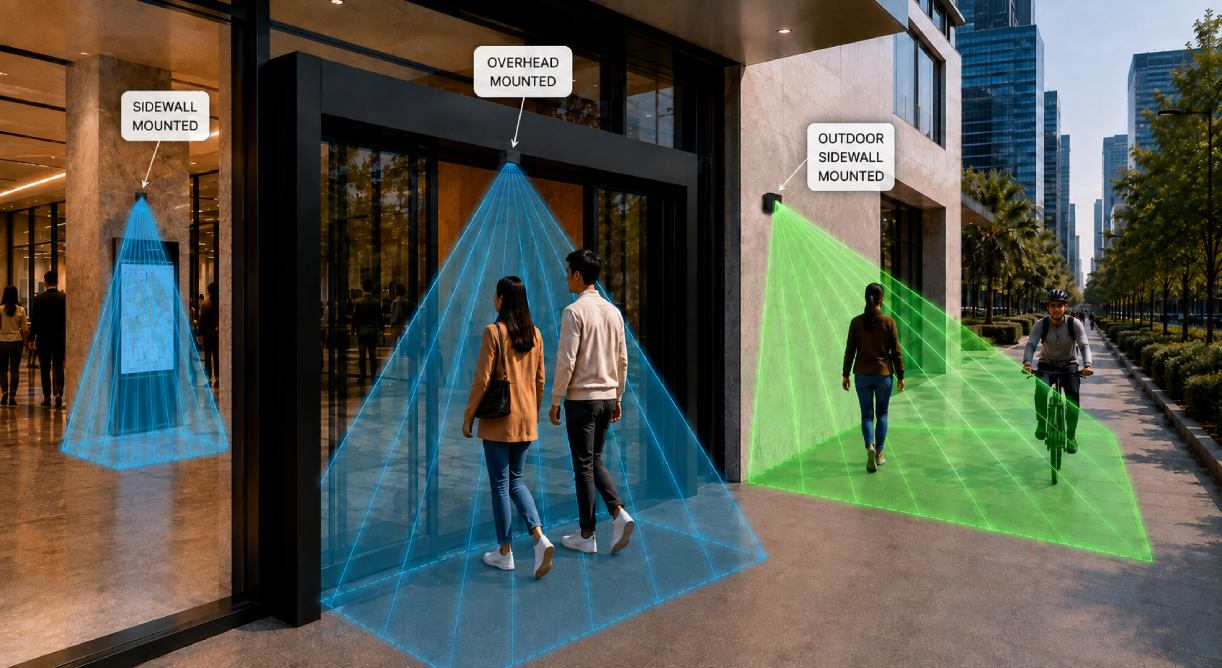 SensMax TAC-B EWP PoE radarsensor voor personentelling met montage aan zijwand of boven het telgebied