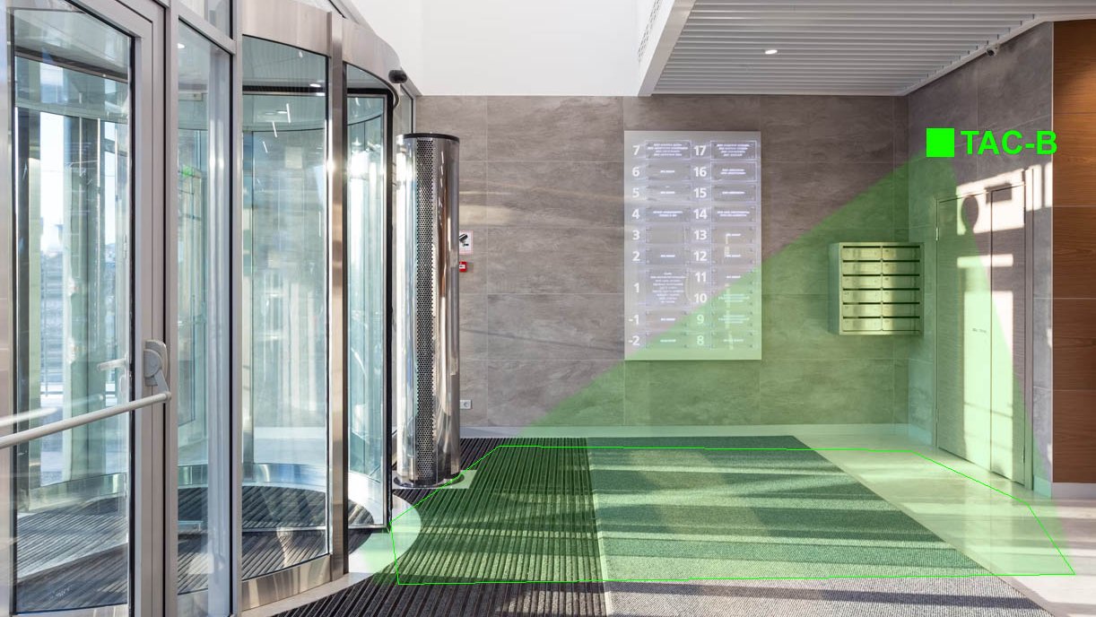 SensMax TAC-B 3D-W radarsensor voor realtime personentelling in de lobby van een kantoorgebouw