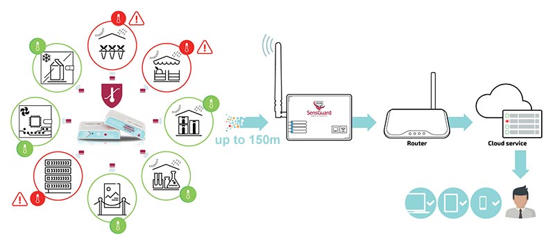 SensGuard MCP9808 draadloze temperatuursensor die meetgegevens naar een SensGuard gateway en cloudmonitoringsysteem verzendt